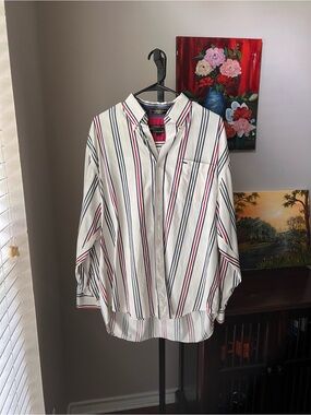 Alexander Julian White Button-Down Shirt with Navy & Red Stripes vintage